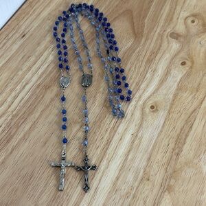2 Vintage Blue and Silver Rosary Beads with Cross Pendants